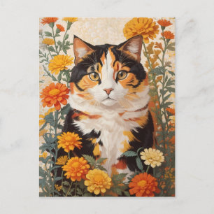 Carte Postale Belle Chat Calico Avec Fleurs Marigold
