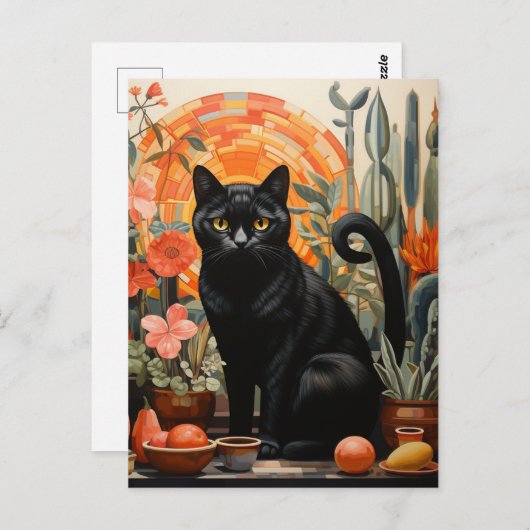 Carte Postale Belle Chat Noir dans les plantes domestiques La vi (Devant / Derrière)