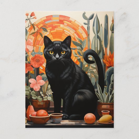 Carte Postale Belle Chat Noir dans les plantes domestiques La vi (Devant)