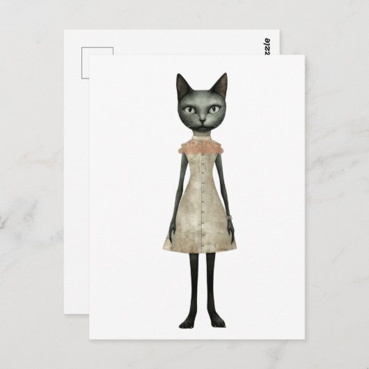 Carte Postale Belle chatte gris Whimisical en Robe Rose (Devant / Derrière)