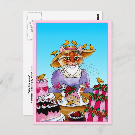 Carte Postale Belle chatte, oiseau, gâteau d'anniversaire (Devant / Derrière)