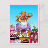 Carte Postale Belle chatte, oiseau, gâteau d'anniversaire (Devant)