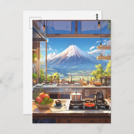 Carte Postale Belle cuisine avec vue sur le Mont Fuji (Devant / Derrière)