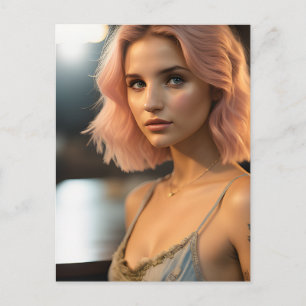 Carte Postale Belle Dame Avec Cheveux Rose Pastel