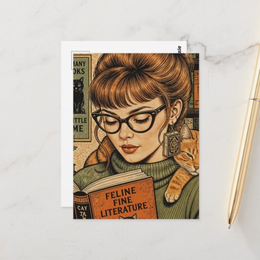 Carte Postale Belle Dame et son Chat en Lecture (Devant/Arrière en situation)