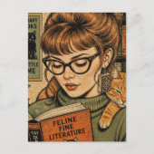 Carte Postale Belle Dame et son Chat en Lecture (Devant)