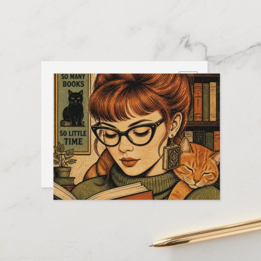 Carte Postale Belle Dame et son Chat en Lecture (Devant/Arrière en situation)