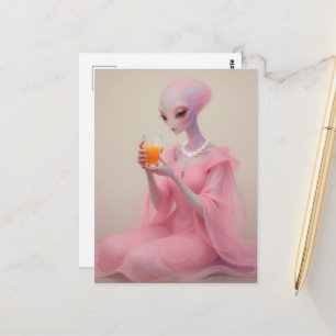 Carte Postale Belle dame extraterrestre rose avec du jus d'orang