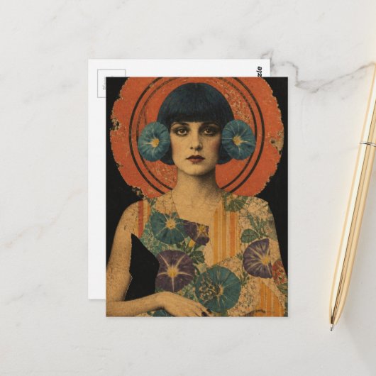 Carte Postale Belle Dame Rétro et Fleurs (Devant/Arrière en situation)