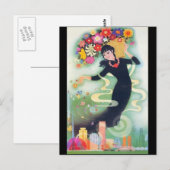 Carte Postale Belle Déco Asiatique Femme avec Fleurs & Fleurs (Devant / Derrière)