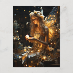 Carte Postale Belle Fée Blonde Ailes Brillantes Lucioles