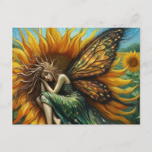 Carte Postale Belle fée couchant dans un tournesol (Devant)