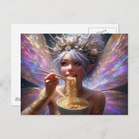 Carte Postale Belle Fée mangeant quelques nouilles (Devant / Derrière)