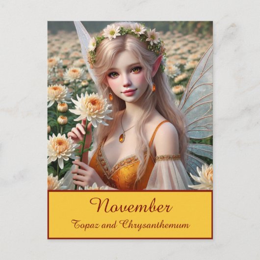 Carte Postale Belle Fée Novembre en Chrysanthèmes (Devant)