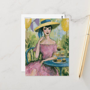 Carte Postale Belle femme à la table de fête des cupcakes Collag