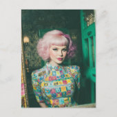 Carte Postale Belle femme aux cheveux roses dans le miroir (Devant)