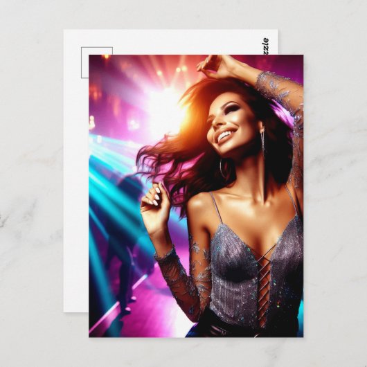 Carte Postale Belle femme dansant dans l'Art numérique de discot (Devant / Derrière)