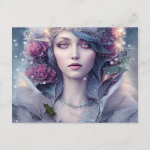 Carte Postale Belle Femme de Floral et Neige d'Hiver