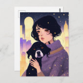 Carte Postale Belle femme en pull & un chien, Croisement (Devant / Derrière)