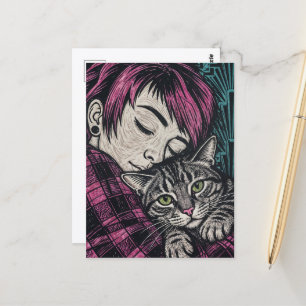 Carte Postale Belle Femme et son Chat Gravure sur Bois