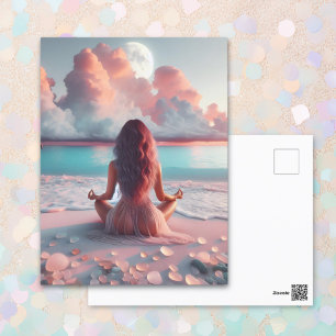 Carte Postale Belle femme méditant sur une couverture de plage