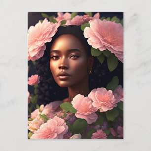 Carte Postale Belle Femme Noire Aux Fleurs Roses