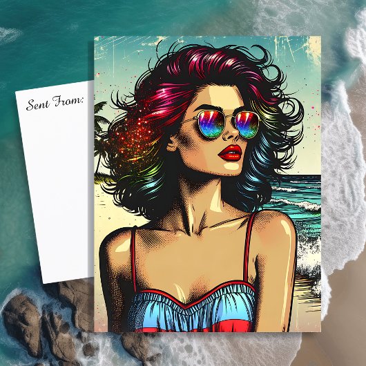 Carte Postale Belle femme sur la plage Comic Book Pop Art