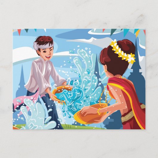 Carte Postale Belle fête de Songkran Jouer de l'eau (Devant)