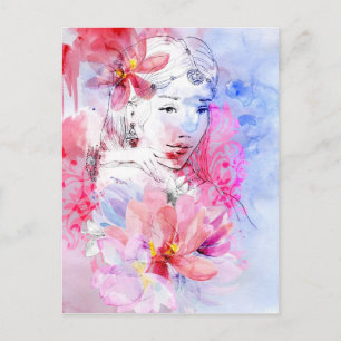 Carte Postale Belle fille avec un bouquet de fleurs