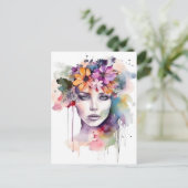 Carte Postale Belle fille d'aquarelle avec des fleurs dans ses c (Debout devant)