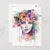 Carte Postale Belle fille d'aquarelle avec des fleurs dans ses c (Devant / Derrière)
