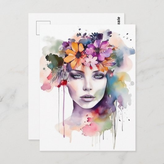 Carte Postale Belle fille d'aquarelle avec des fleurs dans ses c (Devant / Derrière)