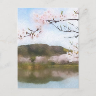 Carte Postale Belle fleur de cerisier et étang