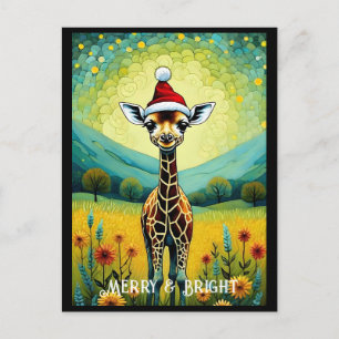 Carte Postale Belle Fleur Meadow Giraffe Père Noël Noël