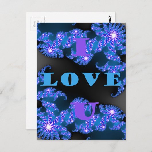 Carte Postale Belle Galactique Blue Love Texte Motif Design, (Devant / Derrière)