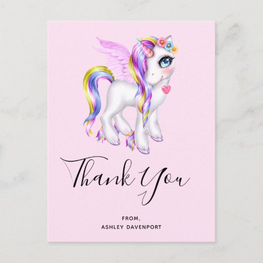 Carte Postale Belle licorne avec Rainbow Mane Merci (Devant)