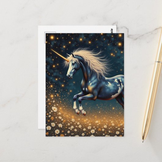Carte Postale Belle licorne dans le pré (Devant/Arrière en situation)
