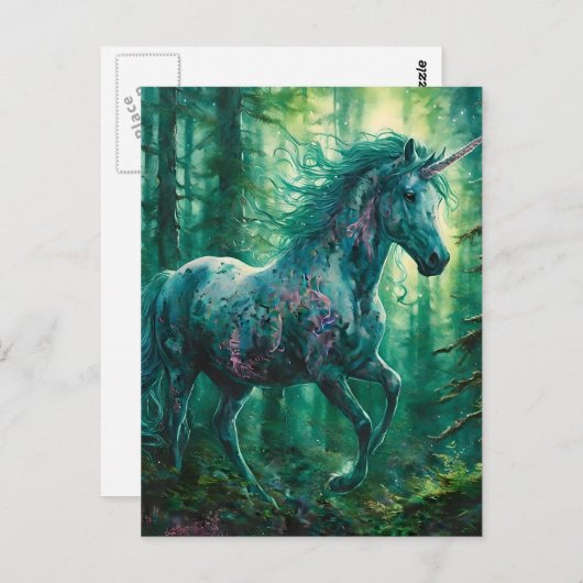 Carte Postale Belle licorne dans une forêt (Devant / Derrière)