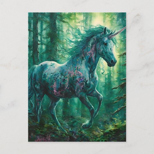 Carte Postale Belle licorne dans une forêt (Devant)