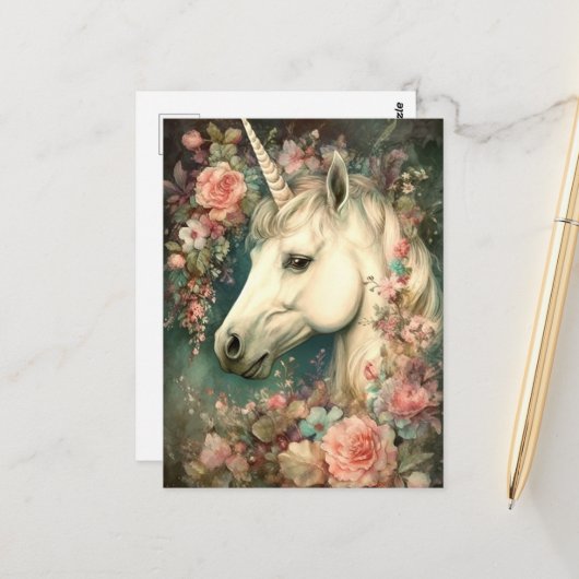 Carte Postale Belle licorne et fleurs (Devant/Arrière en situation)