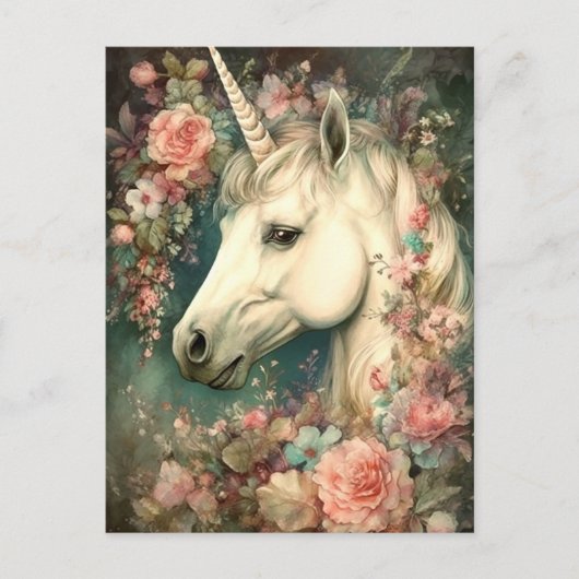 Carte Postale Belle licorne et fleurs (Devant)