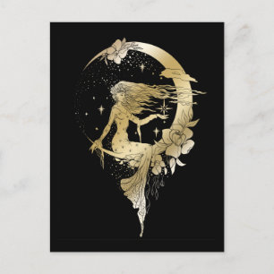 Carte Postale Belle lune étoiles femme art déco illustration