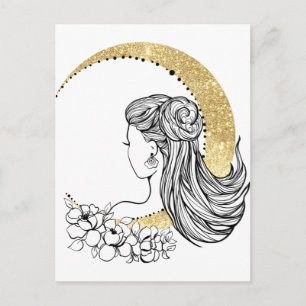 Carte Postale Belle lune fleurs femme parties scintillant illust