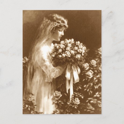 Carte Postale Belle mariée avec un bouquet de rose (Devant)