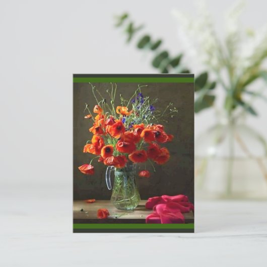 Carte Postale Belle nature morte pichet de fleurs rouges (Debout devant)
