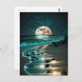 Carte Postale Belle Pleine lune Plage Océan étoile Nuit (Devant / Derrière)