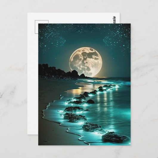 Carte Postale Belle Pleine lune Plage Océan étoile Nuit (Devant / Derrière)