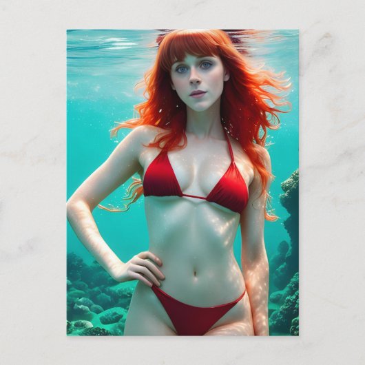 Carte Postale Belle Red Haired Woman en Bikini sous l'eau (Devant)