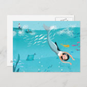 Carte Postale Belle sirène dans la mer illustration (Devant / Derrière)