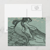 Carte Postale Belle Sirène Dessinée Sur Bleu Bord De Mer (Devant / Derrière)